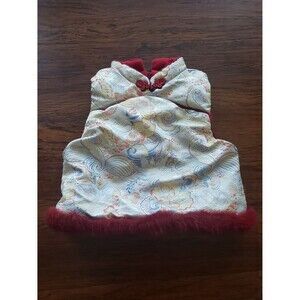 EUC Chinese Embroidered QiPao Girls Sleeveless Top Fleece Lined Faux Fur Trim